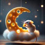 DALL·E 2024-10-11 08.24.27 - A tiny, adorable mouse nibbling on a crescent-shaped moon hanging...jpg