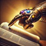 A person wearing the Infinity Gauntlet pointing at an open Bible.jpg